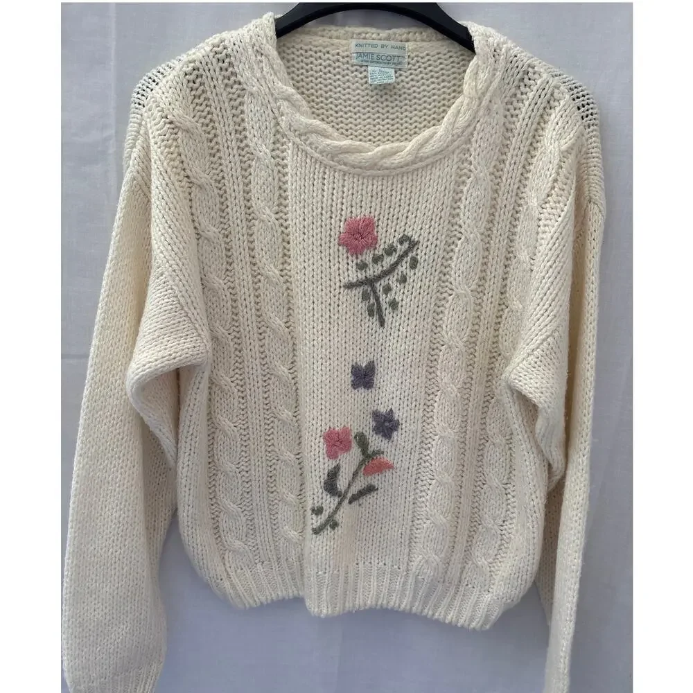 Jamie Scott Vintage Hand Knit Sweater Floral Cream Pullover Large 90s - Picture 1 of 5